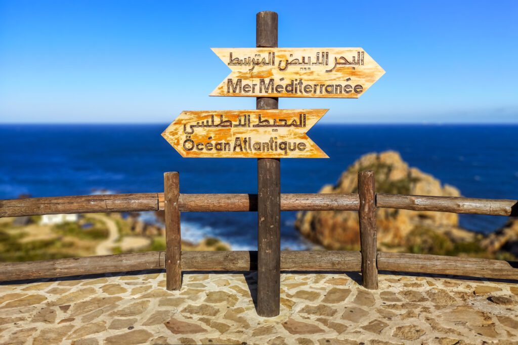Famous tourist spot in Tangiers, Morocco, indicating the junction between the Atlantic Ocean and the Mediterranean Sea by the Strait of Gibraltar